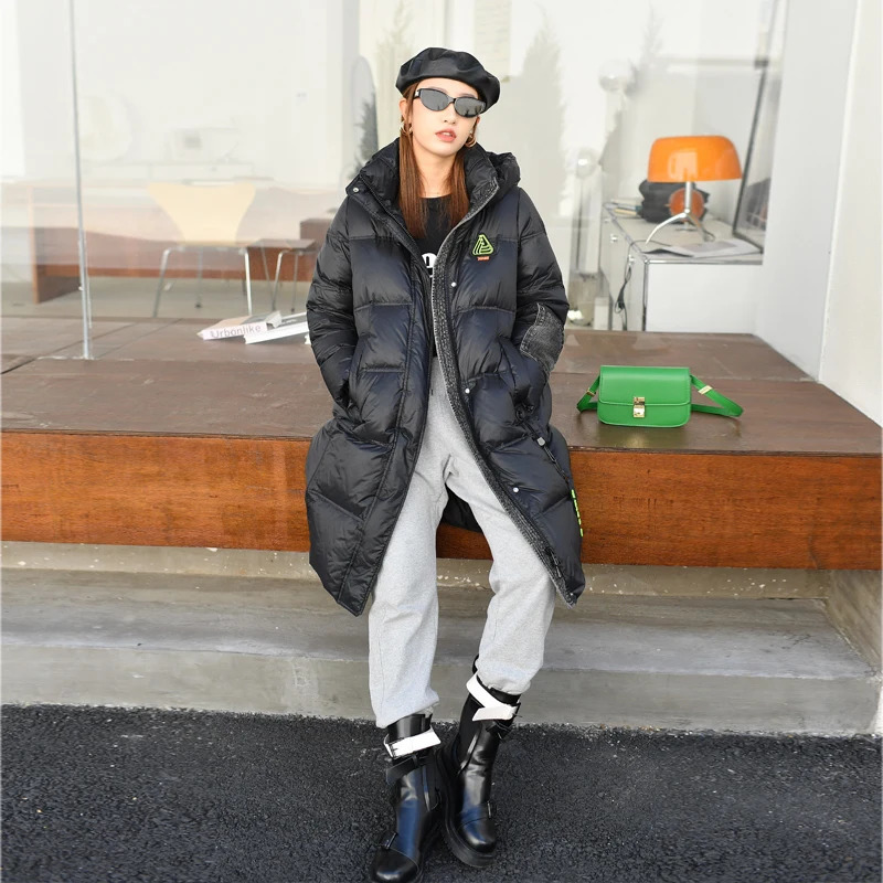 Womens winter hooded jacket brown chiffon womens long apron jacket feather coat 241107