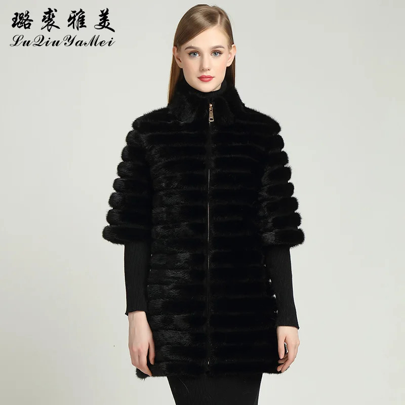 Black real mink coat with zipper natural mink coat suitable for women genuine leather mink coat Russian winter warm womens fur leather jacket 241107