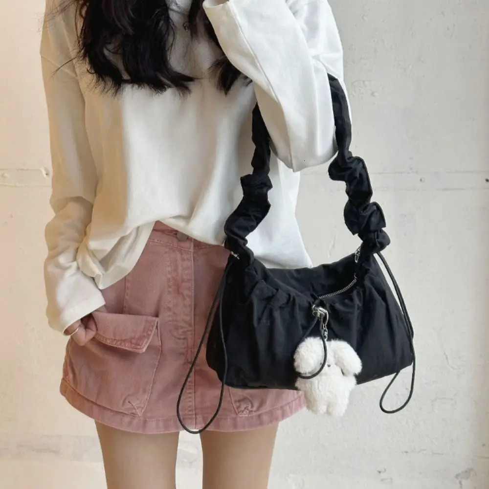 Simple brushed pleated shoulder bag solid color Korean style cloud cross body bag ballet core Y2K nylon underwear bag 241106