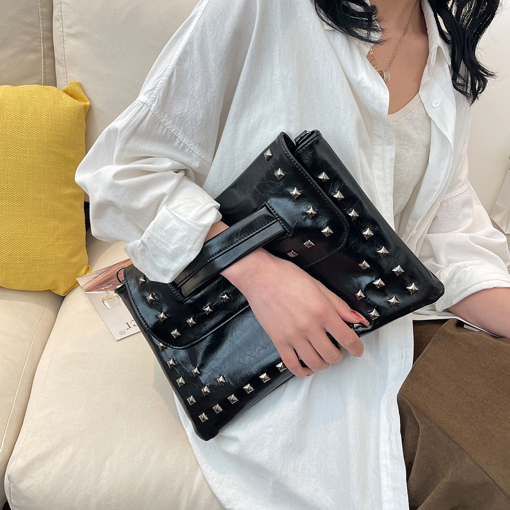 Women Casual Messenger Bag Large Capacity Rivet Retro Crossbody Bag Detachable Strap Leisure Clutch Purse Ladies Commute Bag