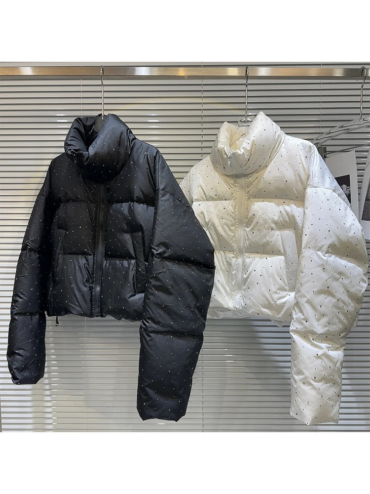 Winter womens vintage apron jacket Rhinestone inflatable jacket stand collar jacket thick warm ious aesthetic 241107