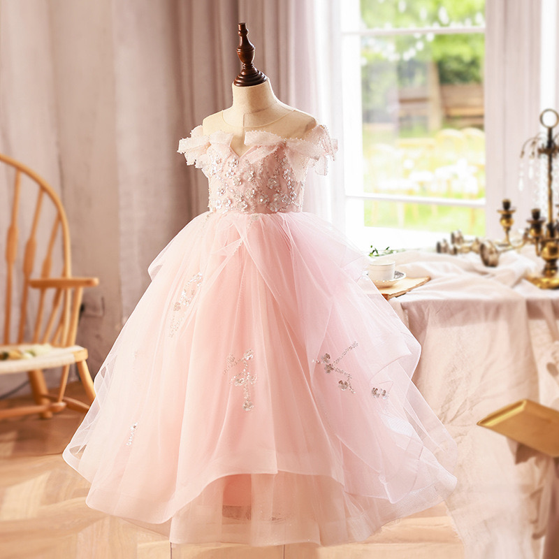 2024 pink Ball Gown Flower Girl Dresses sequined Ruffles Combined Colorful Hand Made Floral Baby Pageant Gowns Customize First Communion Party new sex