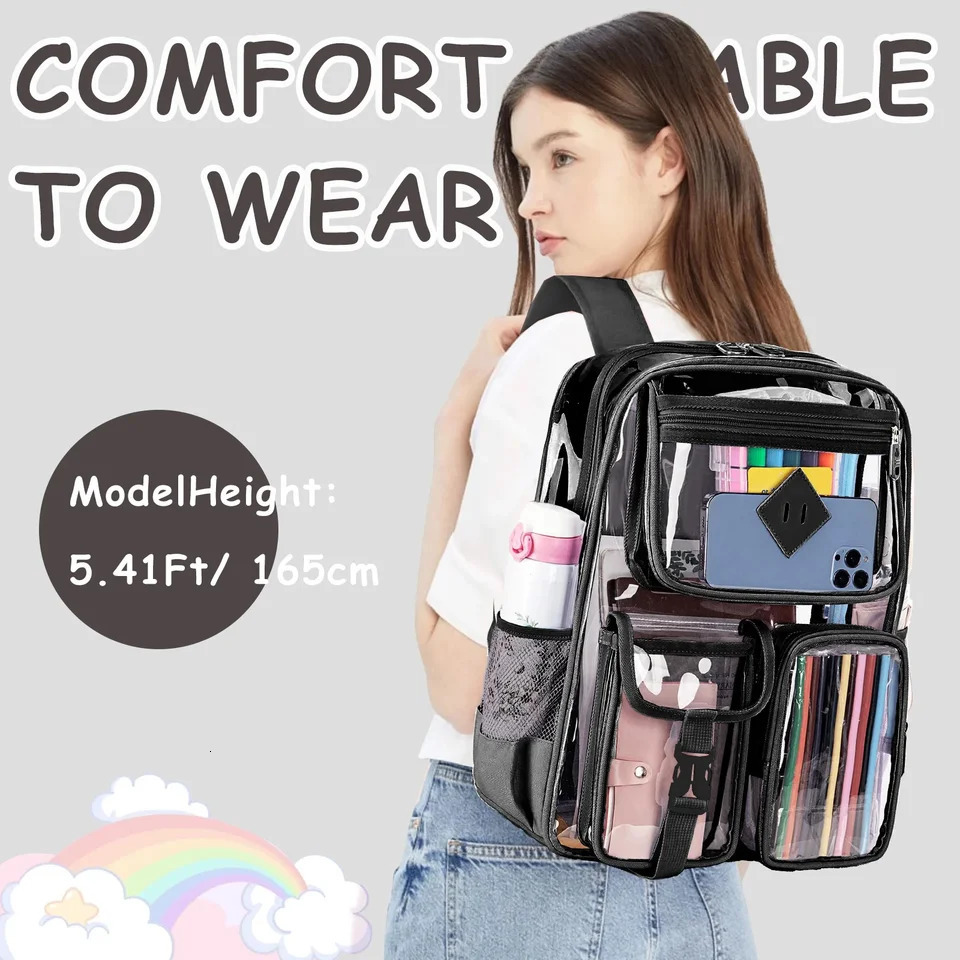 Large transparent backpack heavy-duty sports stadium approved girls backpack waterproof PVC transparent girls backpack 241106