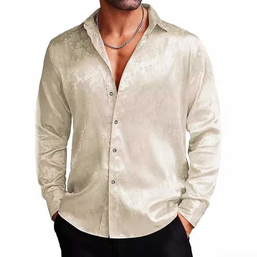 Men's silk satin dress shirt Jacquard Long sleeve floral button up shirt Party Ball Wedding shirt Q241107