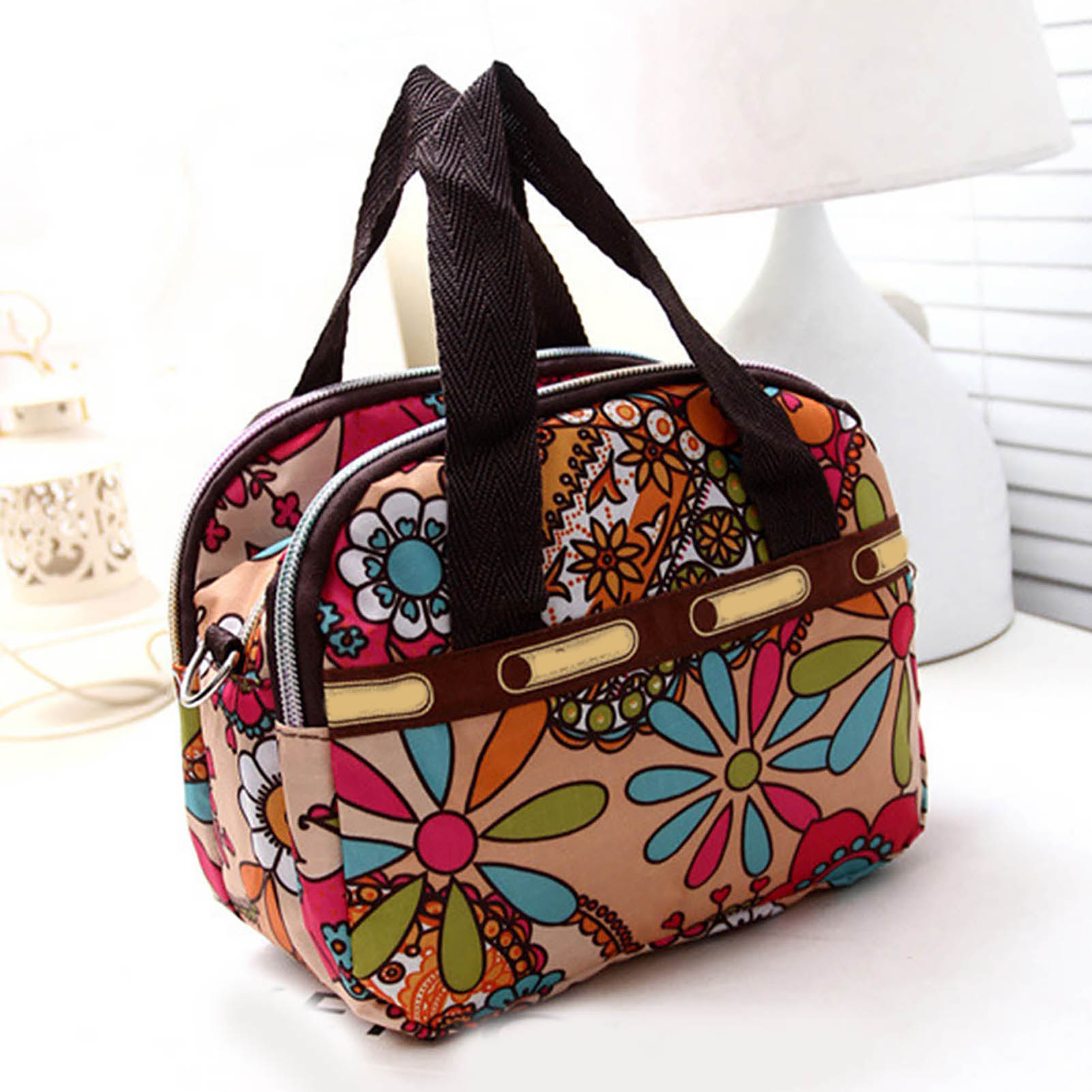 Colorful Floral Print Women Multi Pocket Zipper Tote Handbag Casual Nylon Crossbody Shoulder Bag