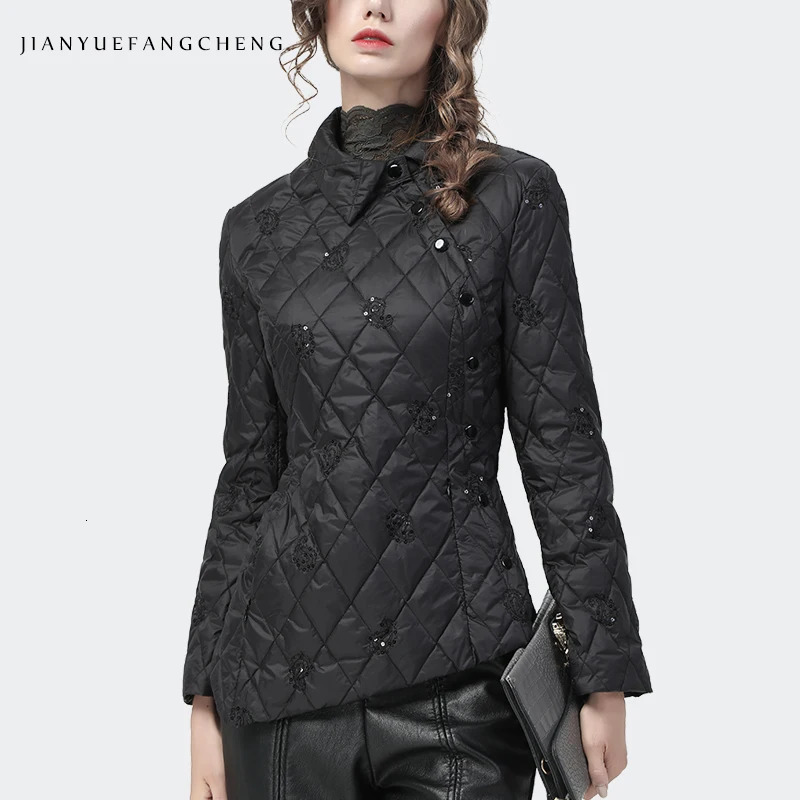 Retro brown embroidered womens winter down jacket ultra-thin irregular side button down sequin warm white duck down jacket 241107