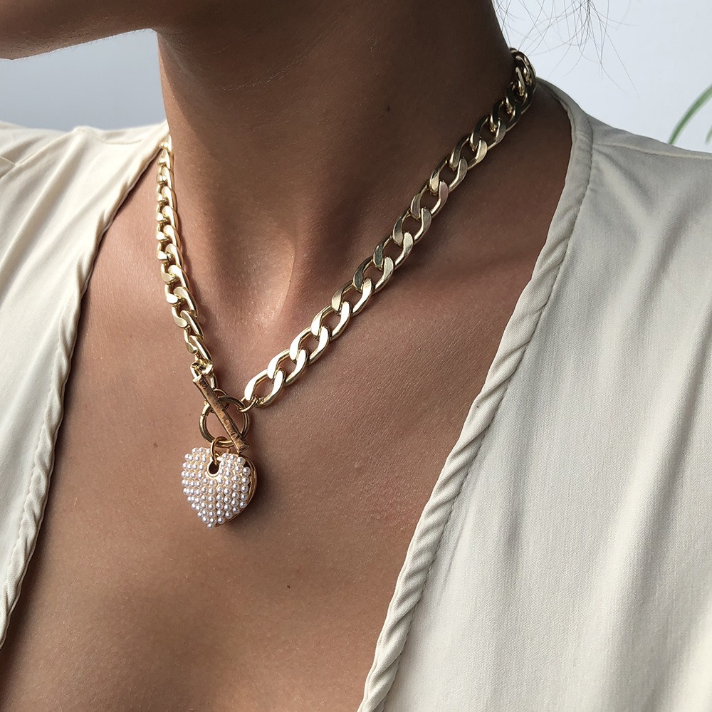European and American Punk Minimalist Rice Bead Love Necklace Cross-border Versatile Metal Texture One Line Buckle Necklace Pearl Necklace for Women