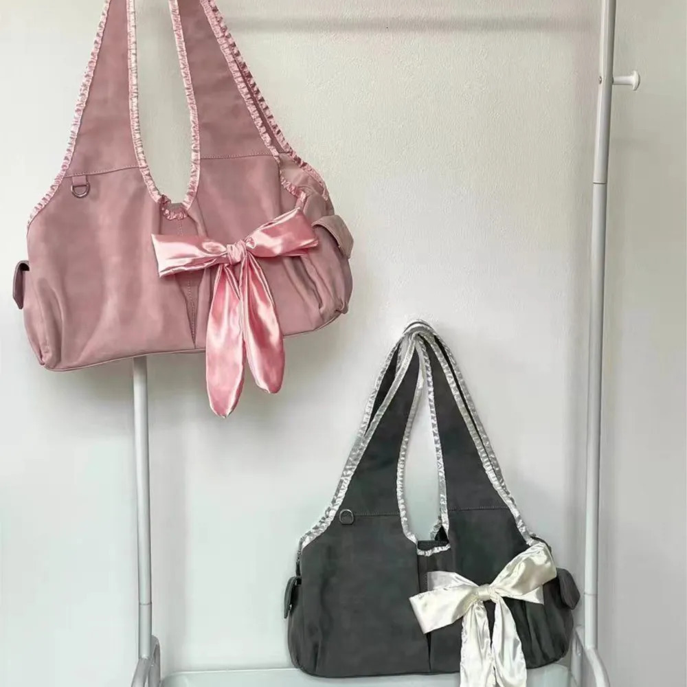 JIAERDI Harajuku Large Capacity Handbag Womens Fairycore Aesthetic Bow Unique Grey Handbag Womens Retro Cute Shoulder Bag 241106