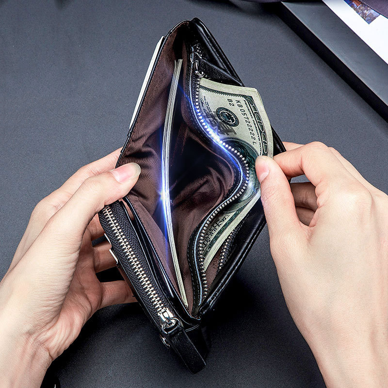 New Men's Wallet RFID Anti Theft Short Zipper Three Fold Business Card Holder Money Bag Purse Genuine Leather Wallet Male