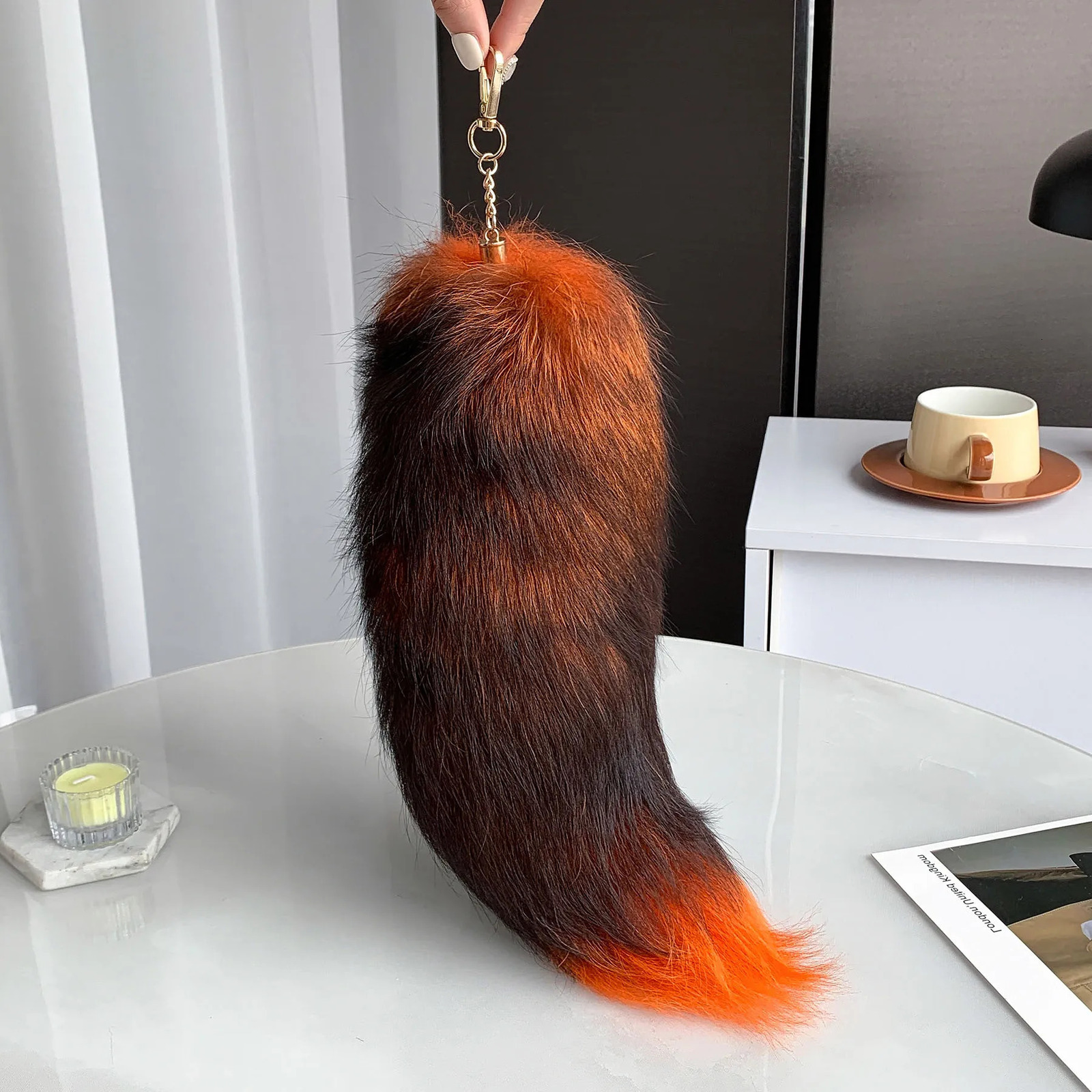 40cm large fox tail keychain woven tail fur tassel bag charm label black and brown Pom charm keychain fluffy real fur keychain 241107