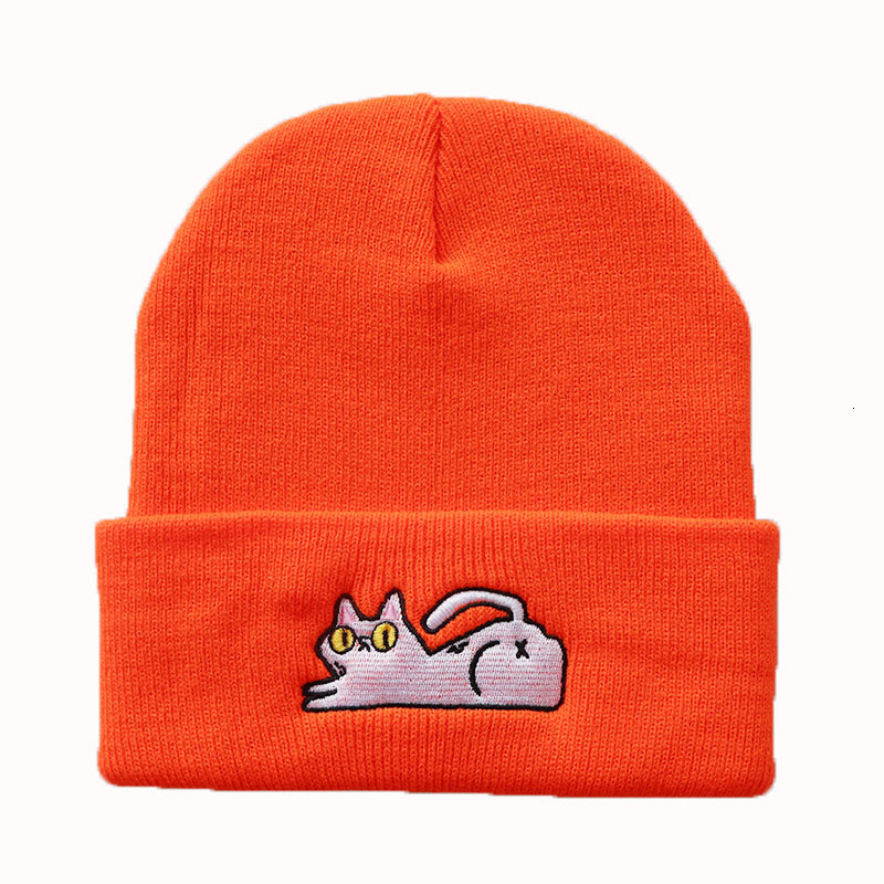 High quality design, Cute Lazy Cat Embroidered Knitted Warm Hoodie Hip Hop Hairline Hat for Male and Female