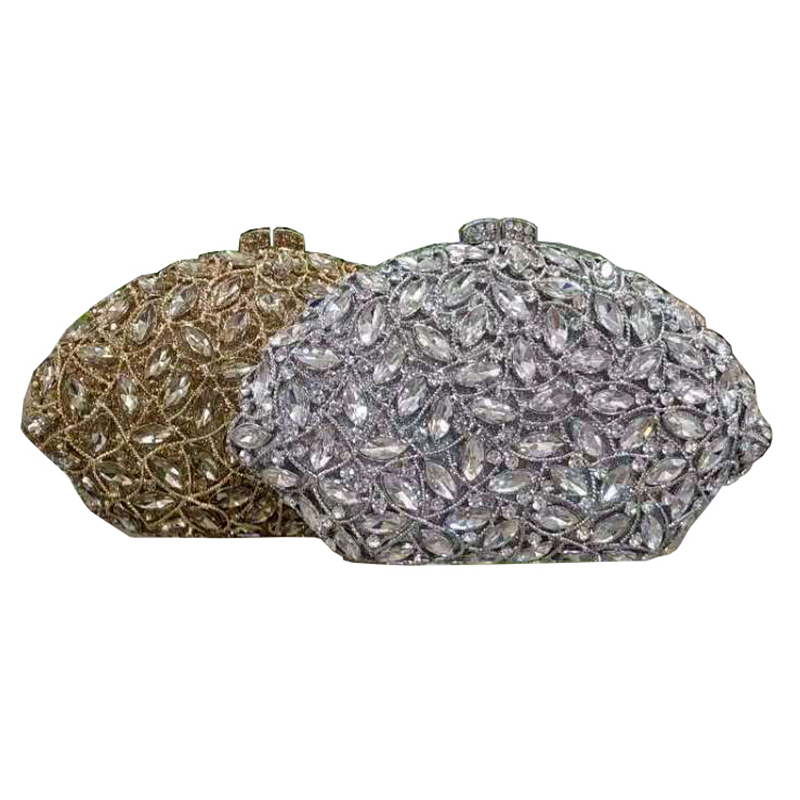 Ladies floral crystal evening dress bag hard shell metal single chain handbag and purse bridal wedding party clutch