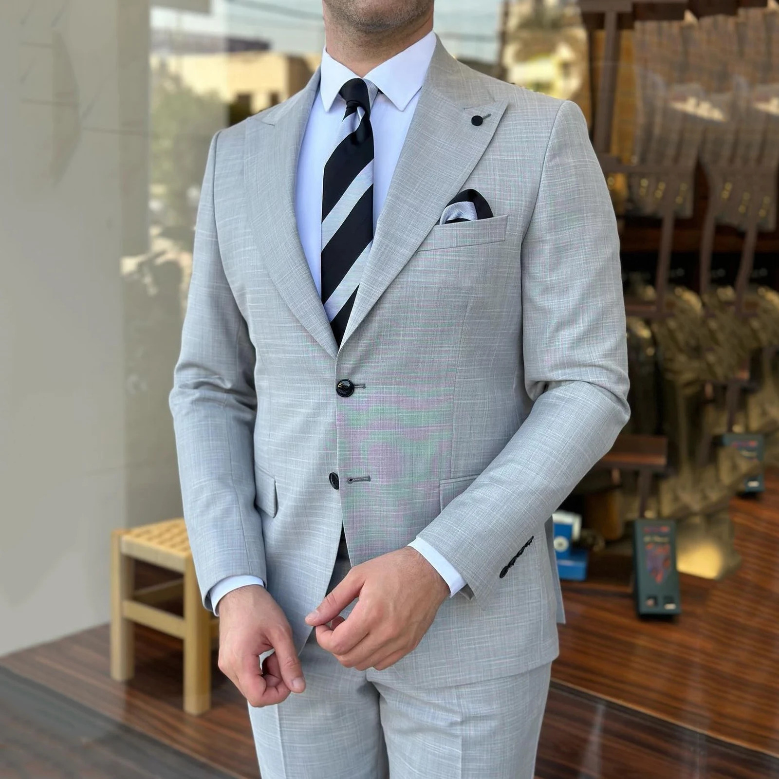 Mens Fashion Grey Set Formal Business Coat Top Collar Wedding Groom Evening Dress Daily Set 2-piece Jacket Pants Clothing Men 241106