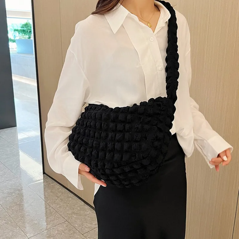 Crossbody Bag With Pleated Design Embroidered Plaid Shoulder Bag Underarm Bags Simple Large Capacity Quilted Tote Bags For Women