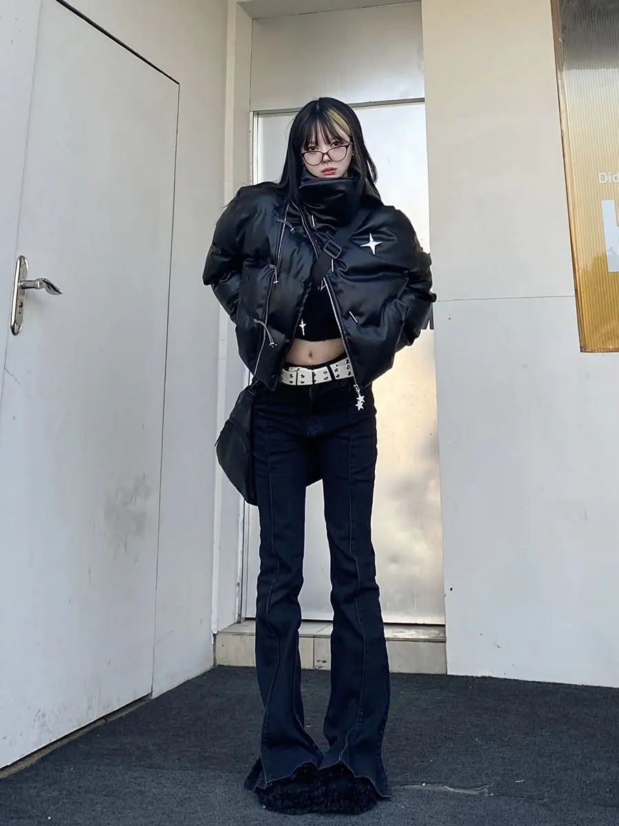 Gothic y2k Cropped Artificial Leather Inflatable Jacket Womens Zipper Upright Collar Winter Bubble Jacket Down Jacket Pu Warm Crop Top 241107