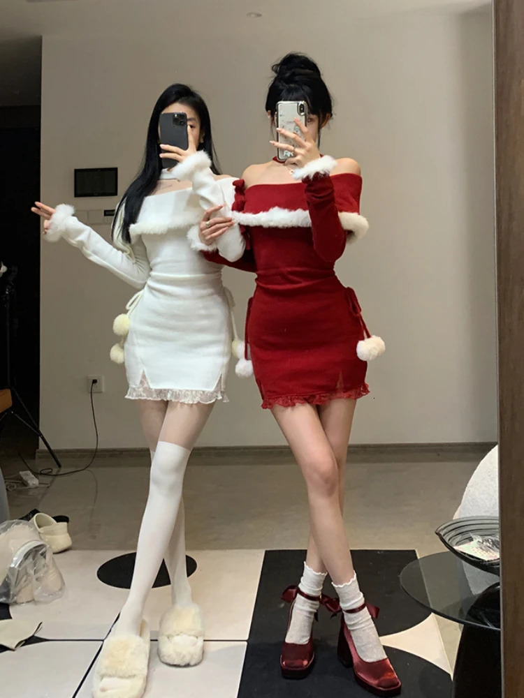 Winter Christmas Bodycon Knitted Mini Dress Womens Casual Long Sleeve Sweet and Elegant Party One Piece Dress Korean Fur 241106