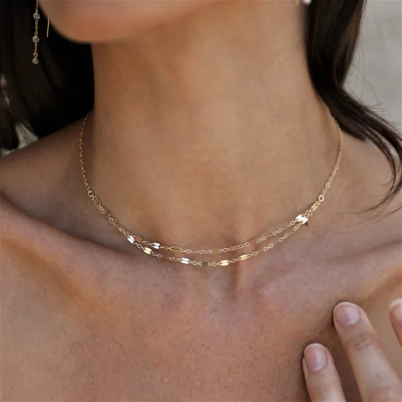 14K gold-plated stacked chain necklace Dainty gold-plated chain necklace waterproof jewelry Boho necklace 241107