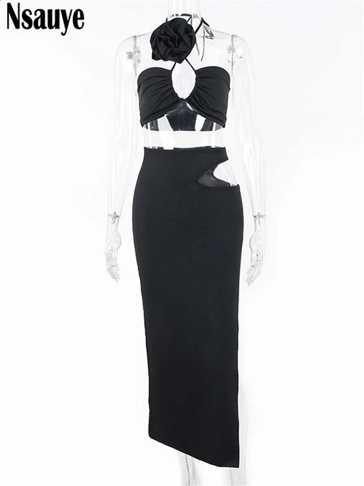 Nsauye Summer Casual Beach Women Sexy Club Skirt Suit Hollow Out Skinny Halter Crop Tops And Long Wrap Two Piece Set 2023 240401