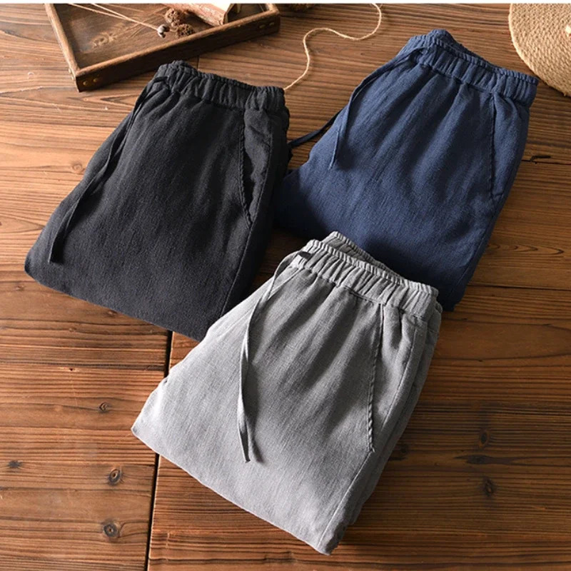 Autumn Winter Warm Thickened Ramie Cotton Trousers Men Oversize Straight Retro Loose Rope Casual Pants M4XL BL8233 241104