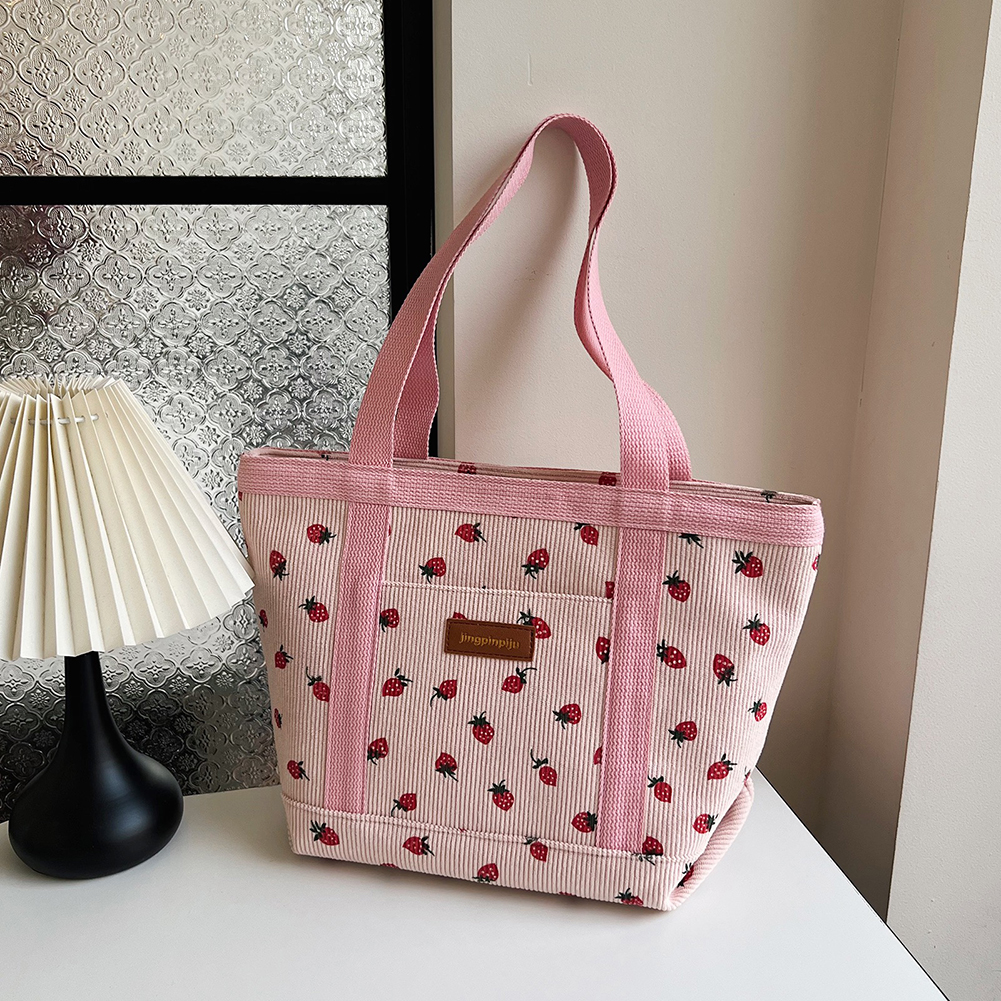 Women Strawberry Printed Shoulder Bag Large Capacity Corduroy Strawberry Pattern Underarm Bag Zipper Closure Girls Outdoor Bag