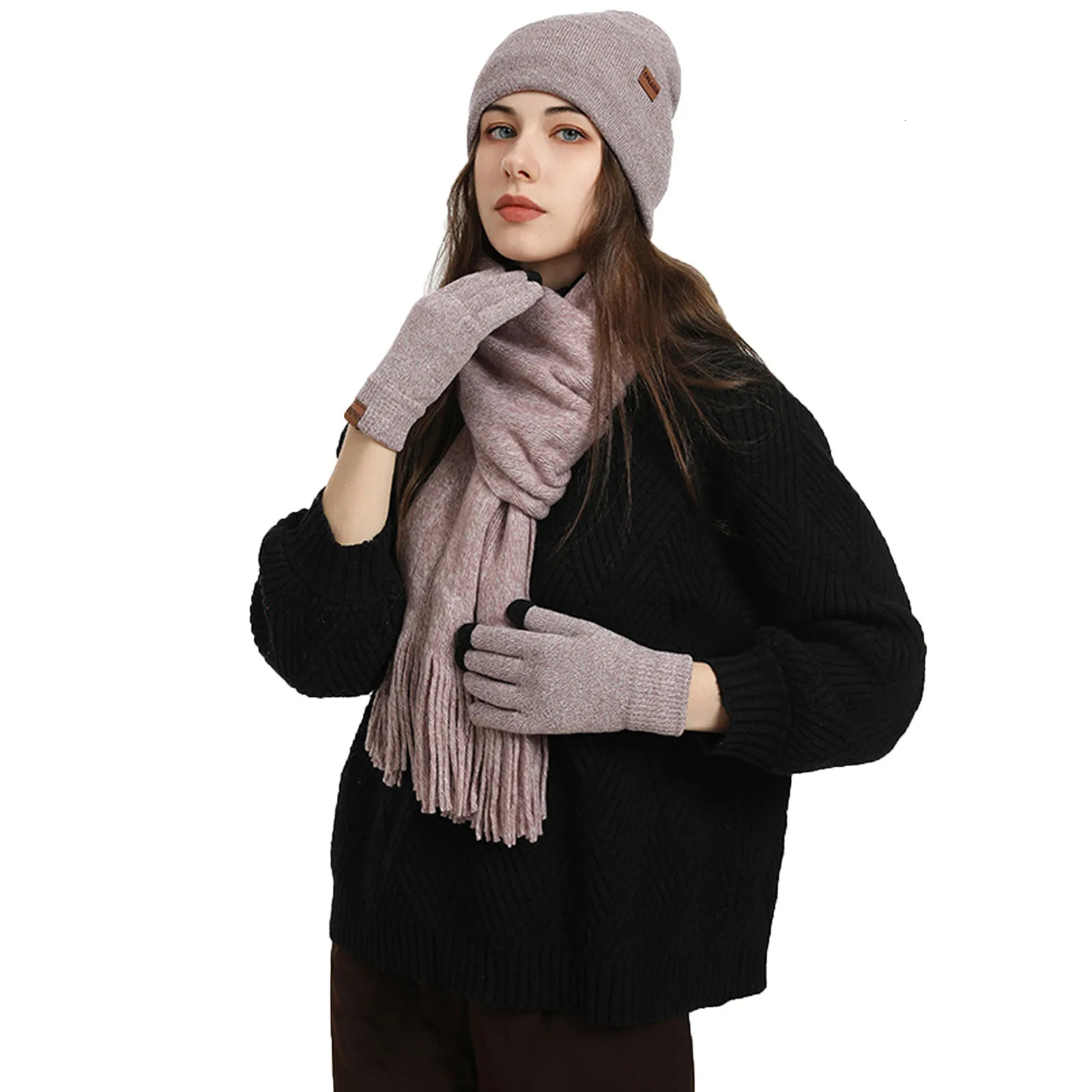Autumn and winter three piece warm wool and velvet knitted windproof hat scarf gloves neutral wool three piece set 241107