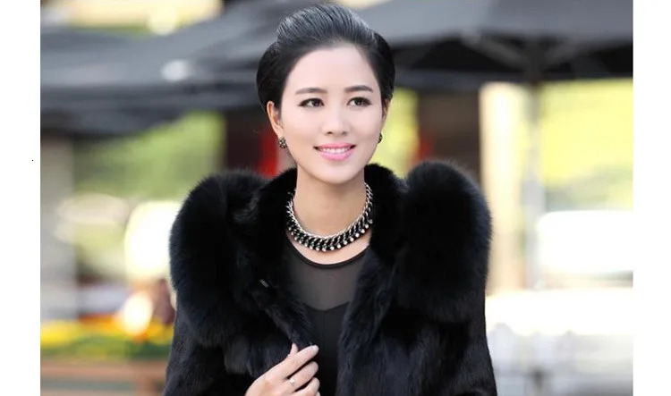 Womens faux fur coat in winter warm black fox fur long round neck hat warm young womens style 241107