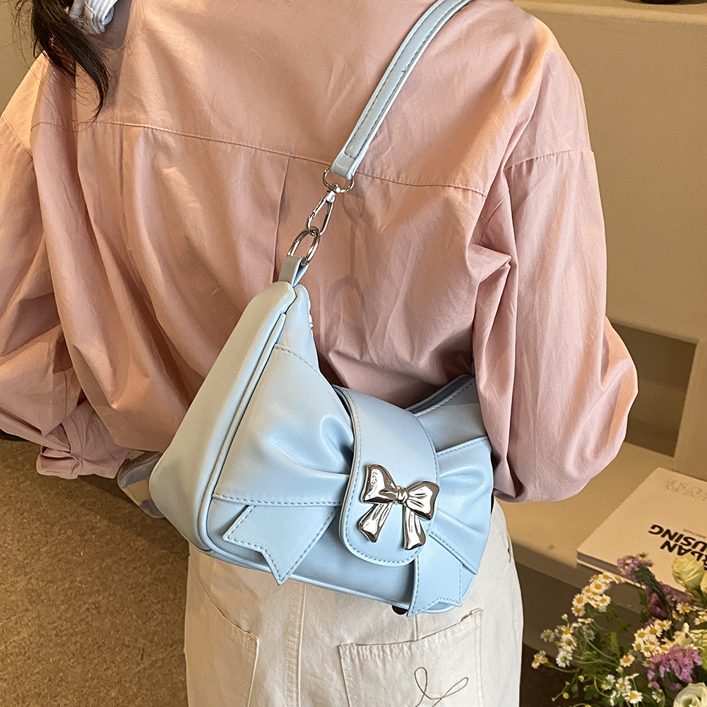 Sweet Bow Ladies Handbag PU Leather Casual Shoulder Purse with Adjustable Strap Mini Tote Bag with Zipper Closure Underarm Bag
