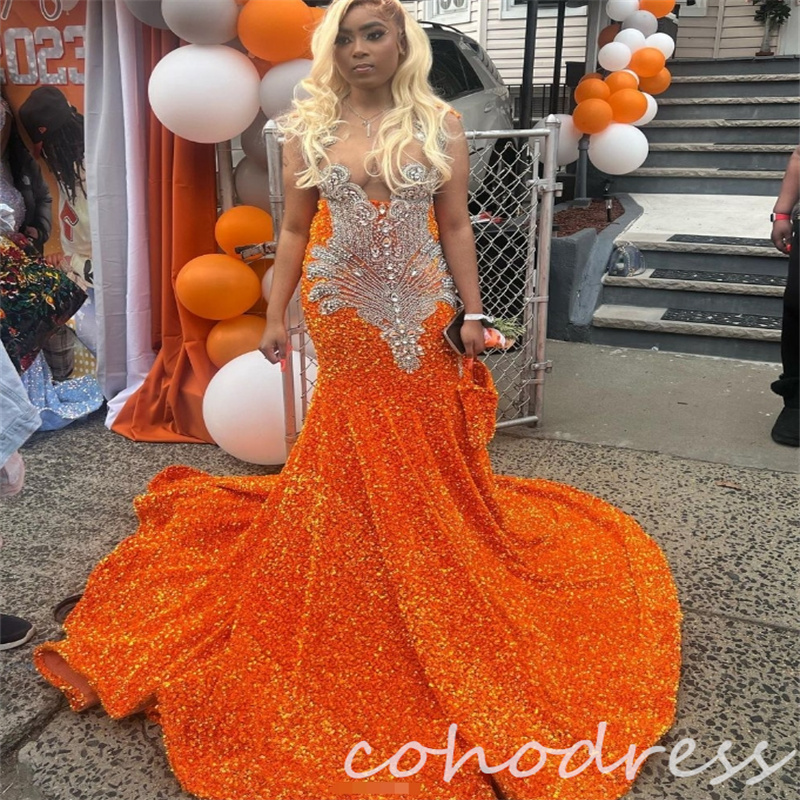 Glitter Orange Prom Dresses For Black Girls Sparkle Sequin Mermaid Evening Dress Rhinestone Beaded Plus Size Formal Dress African Birthday Party Gowns