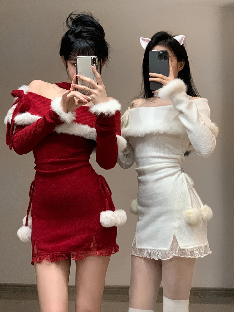 Winter Christmas Bodycon Knitted Mini Dress Womens Casual Long Sleeve Sweet and Elegant Party One Piece Dress Korean Fur 241106