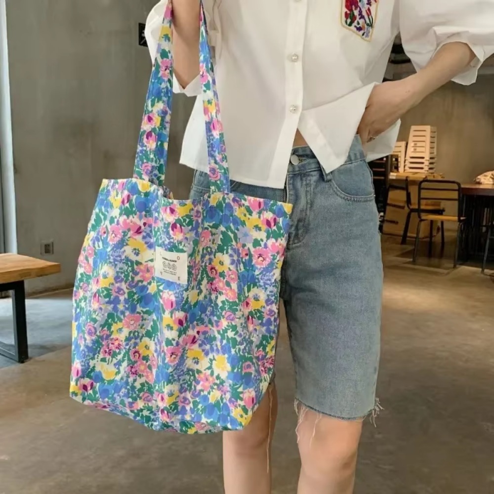 Women 2024 New Canvas Floral Shoulder Bag Large Capacity Printed Shopping Female Fashion Casual Open Handbag