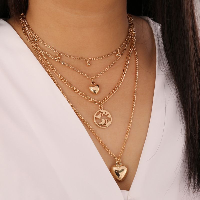 Cross Border Jewelry From Europe and America Multi-layered Peach Heart Heart-shaped Beads Map Pendant Retro Personalized Creative Necklace for Women