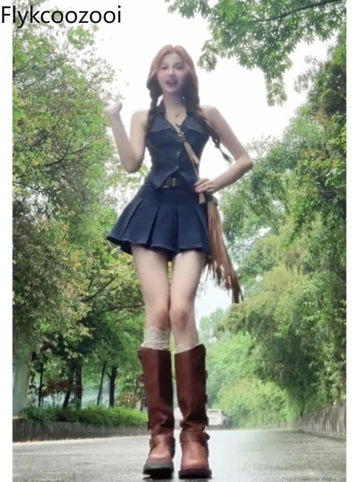 American Spice Denim Suit Female Summer Halter Vest Pleated Skirt High-grade Two-piece Set Conjuntos De Mujer 241107