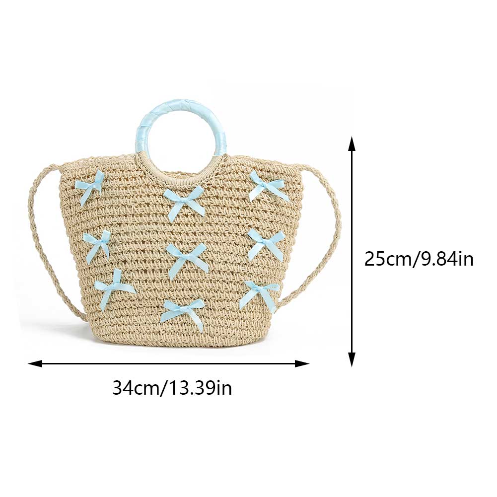 Women Summer Beach Bag Large Capacity Bow Straw Woven Tote Bag Female Elegant Top-Handle Bags Drawstring Handmade Knitted Purse