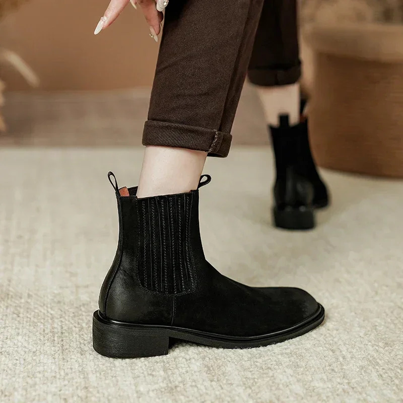 2024 New Autumn Brown Genuine Women Winter Retro Ankle Boots Leather Ladies Shoes