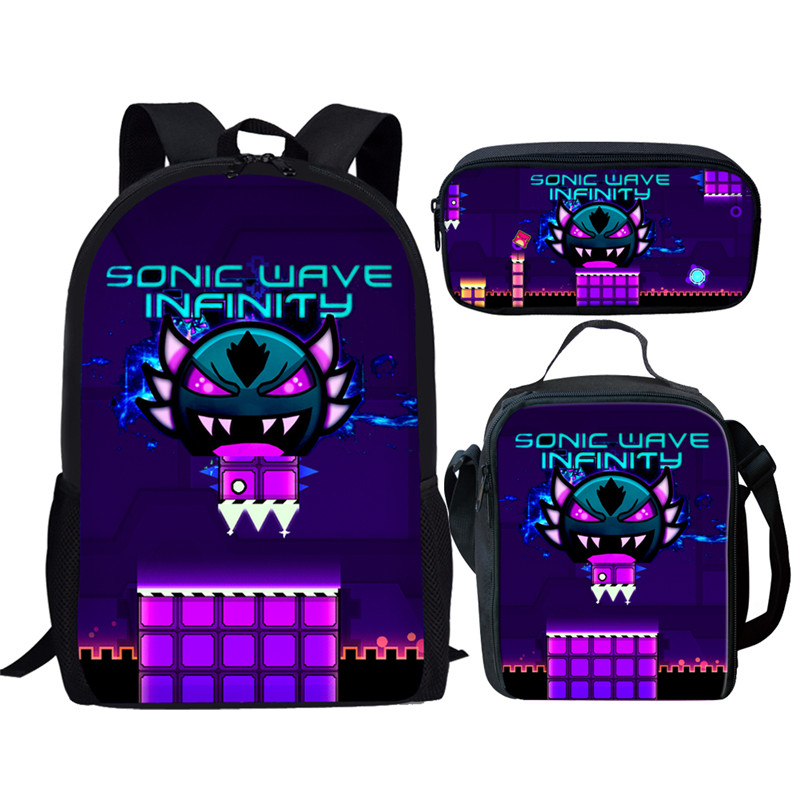 Cartoon Geometry Dash Print 3Pcs School Bag Set for Teenager Girls Boys Kids Backpack Student Book bag with Lunch Bag Pencil Bag