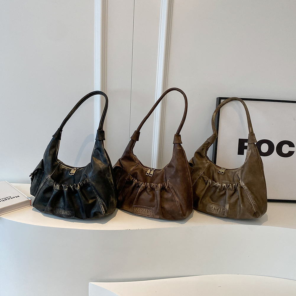 Women Vintage Underarm Bag PU Leather Luxury Armpit Purse Zipper Closure Simple Shoulder Purse Girls Outdoor Daily Bag