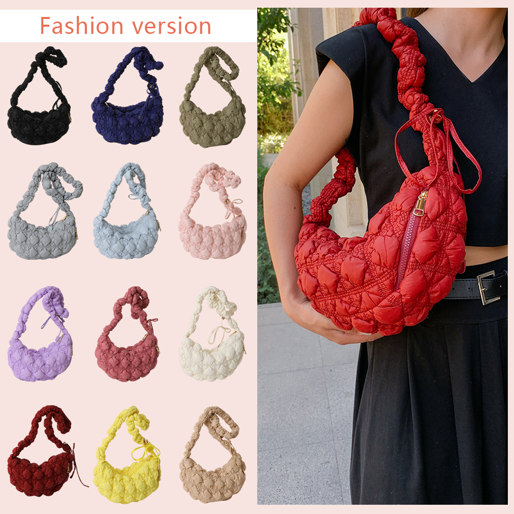Women Cloud Pleatd Bag Nylon Quilted Crossbody Bag Zipper Solid Color Drawstring Strap Adjustable Female Casual Handbag