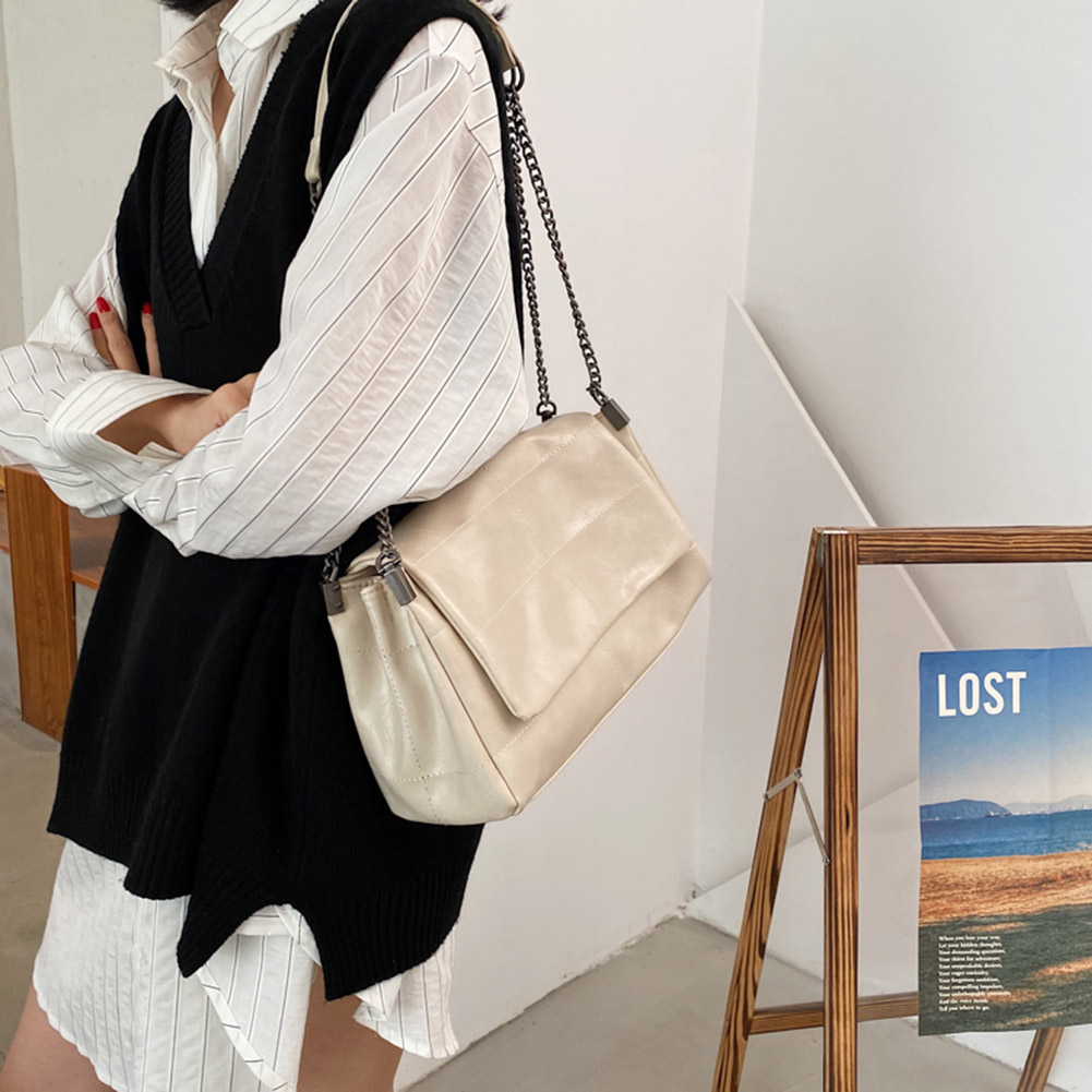 Sewing Thread Vintage Fashion Women Shoulder Bags Metal Chain Strap Crossbody Bag Soft PU Leather Lady Shopper Travelling Bolso