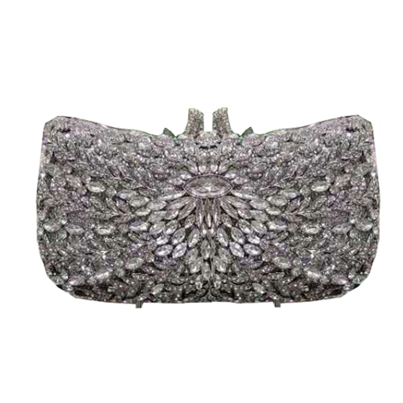 Ladies floral crystal evening dress bag hard shell metal single chain handbag and purse bridal wedding party clutch