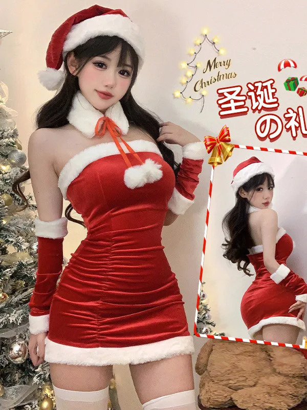Fashionable and sexy Korean womens Christmas decoration short skirt elegant velvet sexy female role-playing Halloween performance dress 6BVH 241106