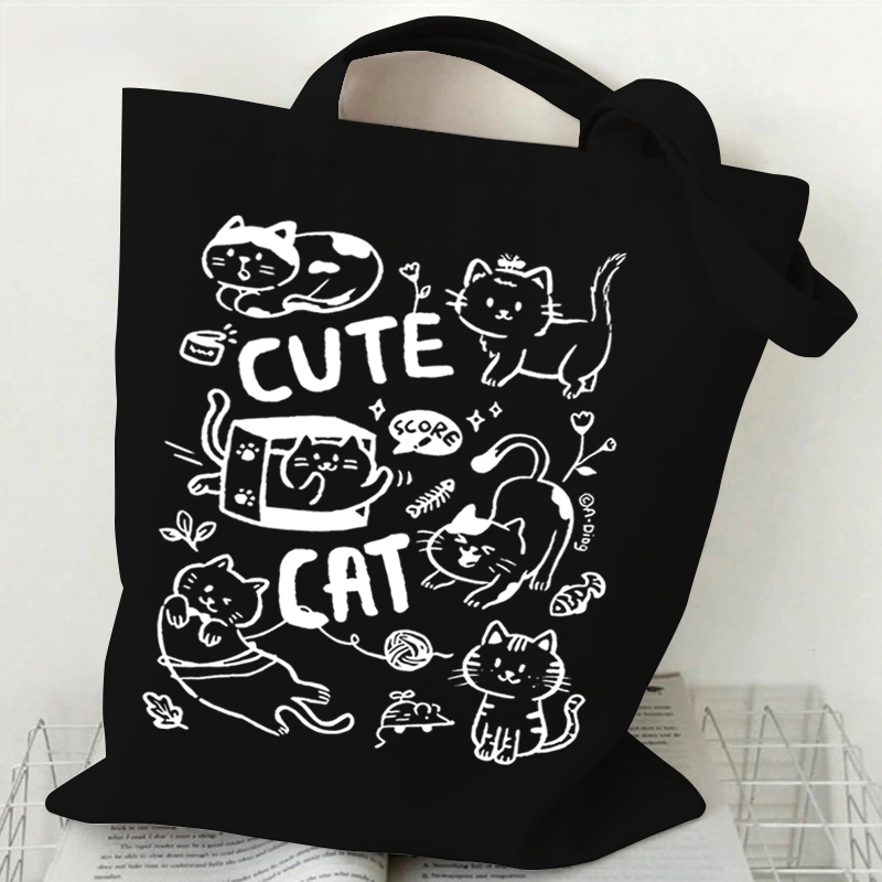 Fashion Canvas Tote Bag Cup of Black Cat Print Large Capacity Teen Shoulder Shopping Bag Cartoon Fashion Kitten Women's Handbags
