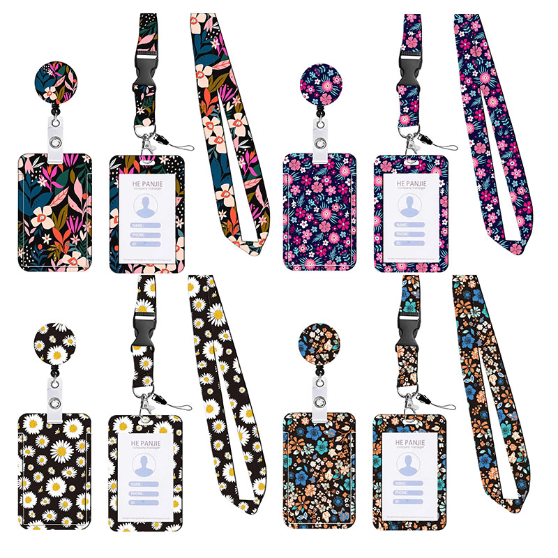 Ladies Girls Flower ID Credit Bank Card Holder Students Bus Card Case Lanyard Child Visit Door Identity Badge Cards Cover Case