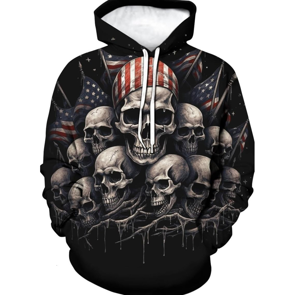 Hoodie for Mens Womens Novelty American Flag Hoodies for Men Skull Graphic Hoodie Sweatshirt Pullover Graphic Hoodies sweatshirt Trendy black pattern