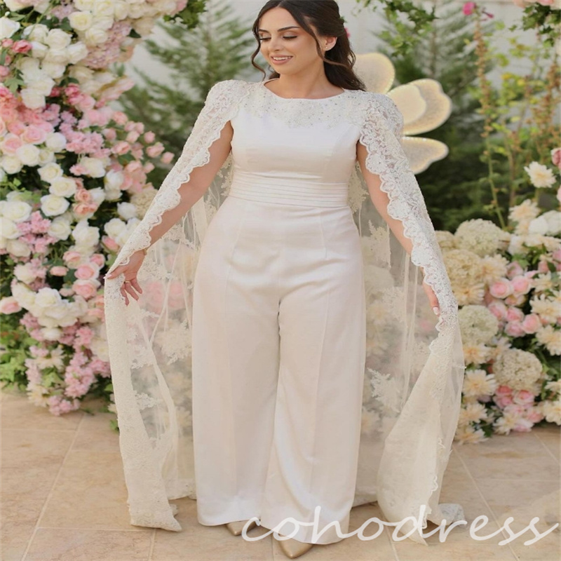 Amazing Jumpsuit Wedding Dresses With Cape Elegant Arabic Dubai Muslim Bridal Dress Elegant Lace Plus Size Boho Robe De Mariee Satin Pant Vestio De No