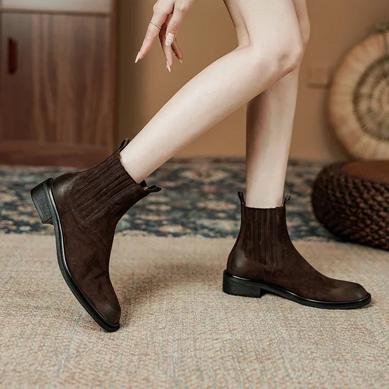 2024 New Autumn Brown Genuine Women Winter Retro Ankle Boots Leather Ladies Shoes