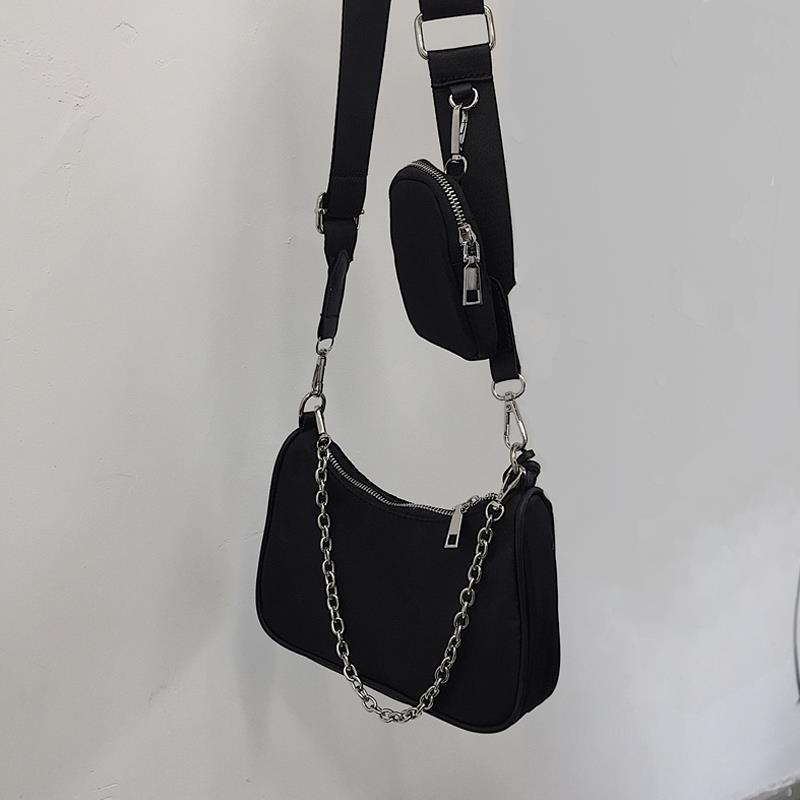 Yogodlns Black Nylon Shoulder Bag Women Large Capacity Crossbody Bag Daily Hobo Bags Female Designer Handbag 2pcs Fashion Purse