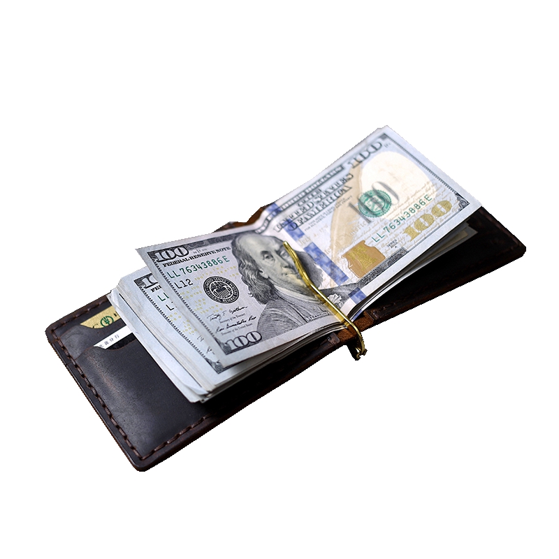 Men's Leather Wallet for Credit Cards and Money Handmade Vintage Genuine Leather Wallet Stainless Steel Spring Money Clip