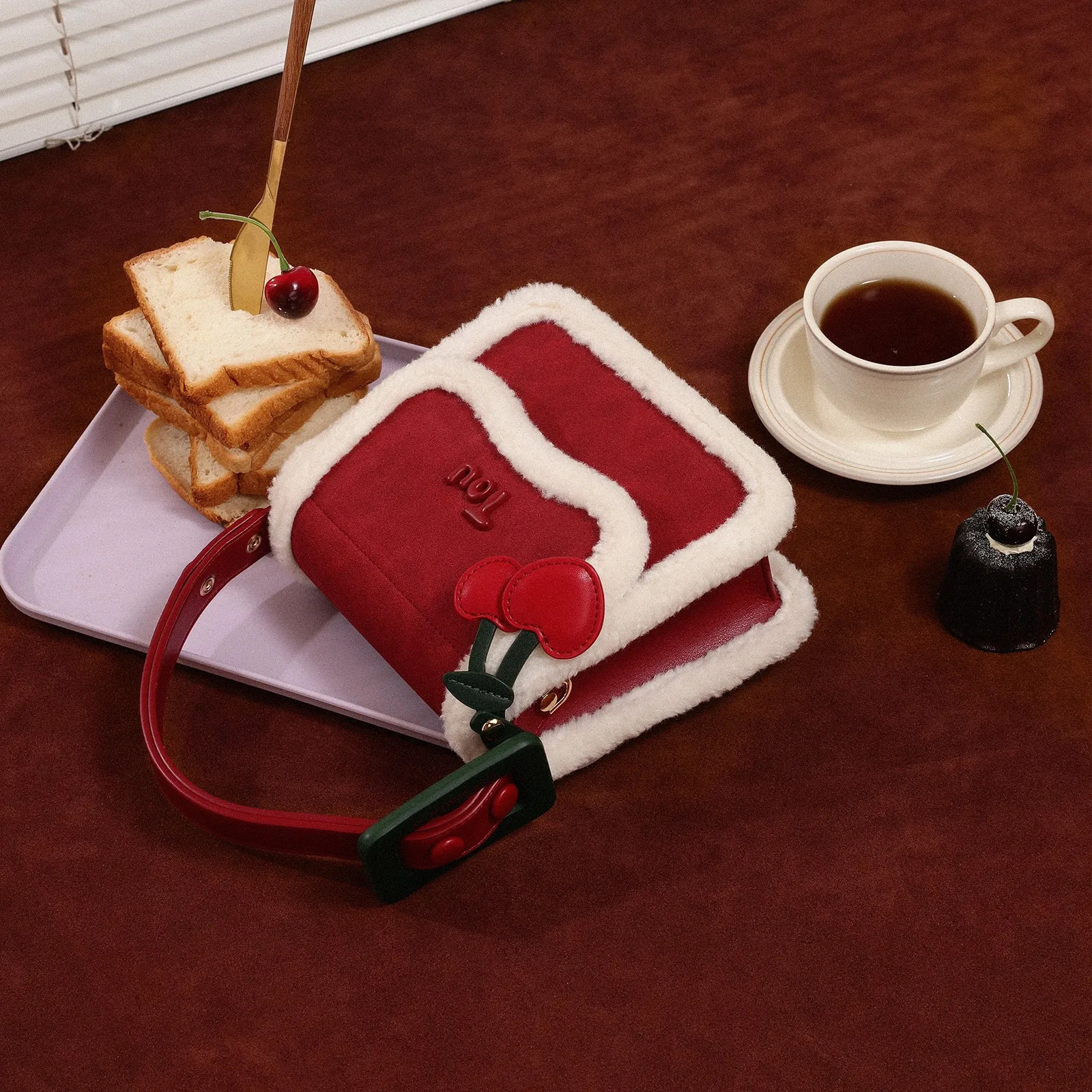 Home>Products>Autumn>Winter Texture Christmas Atmosphere>Shoulder Bag>Plush Cherry Saddle Bag 241106