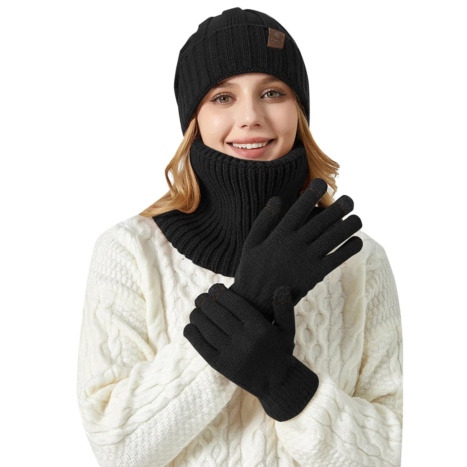 Fashion Beanie hat scarf and gloves three piece set for womens warm knitted hat winter thick solid mens scarf hat set 241107