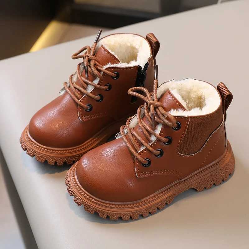 Boys Girls Plus Velvet Warmth Boots British Sle Non-Slip Zipper Design Shoes Children Leather BootsXJ241206